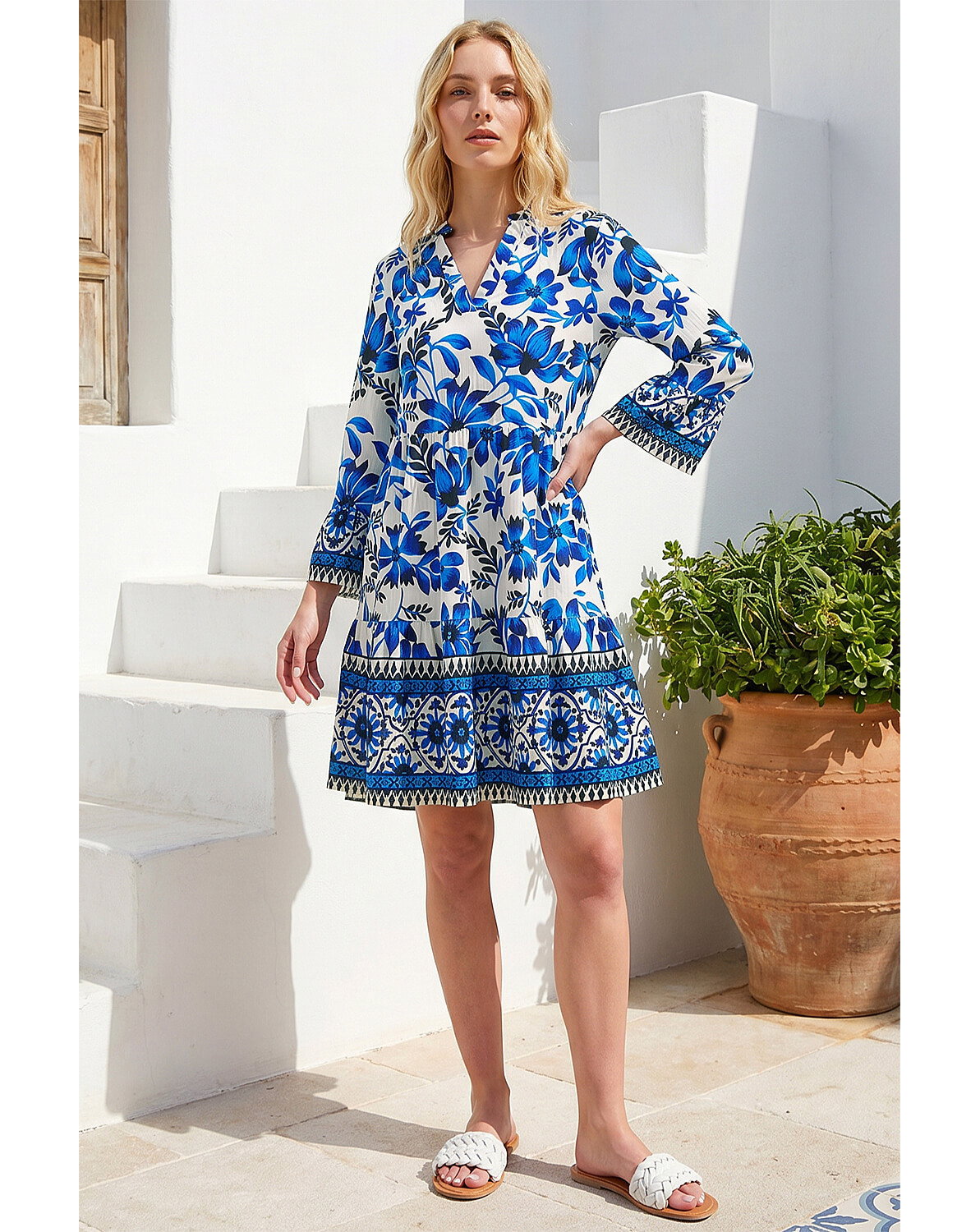 New In - Roman Floral Print Border Tunic Dress