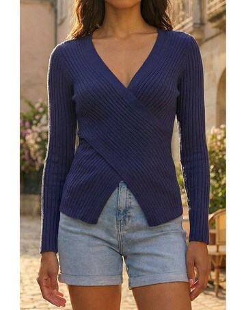 Roman Wrap Front Ribbed Knit Top