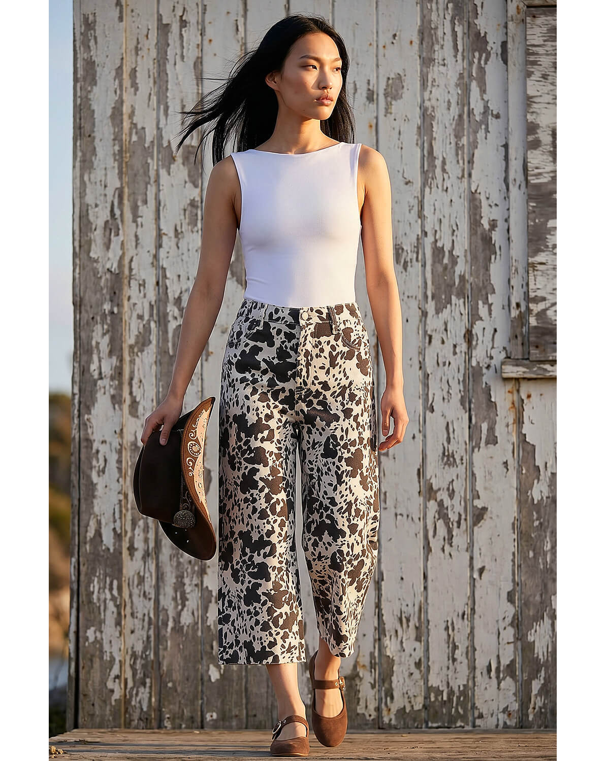 New In - Roman Dusk Cow Print Wide Leg Jean