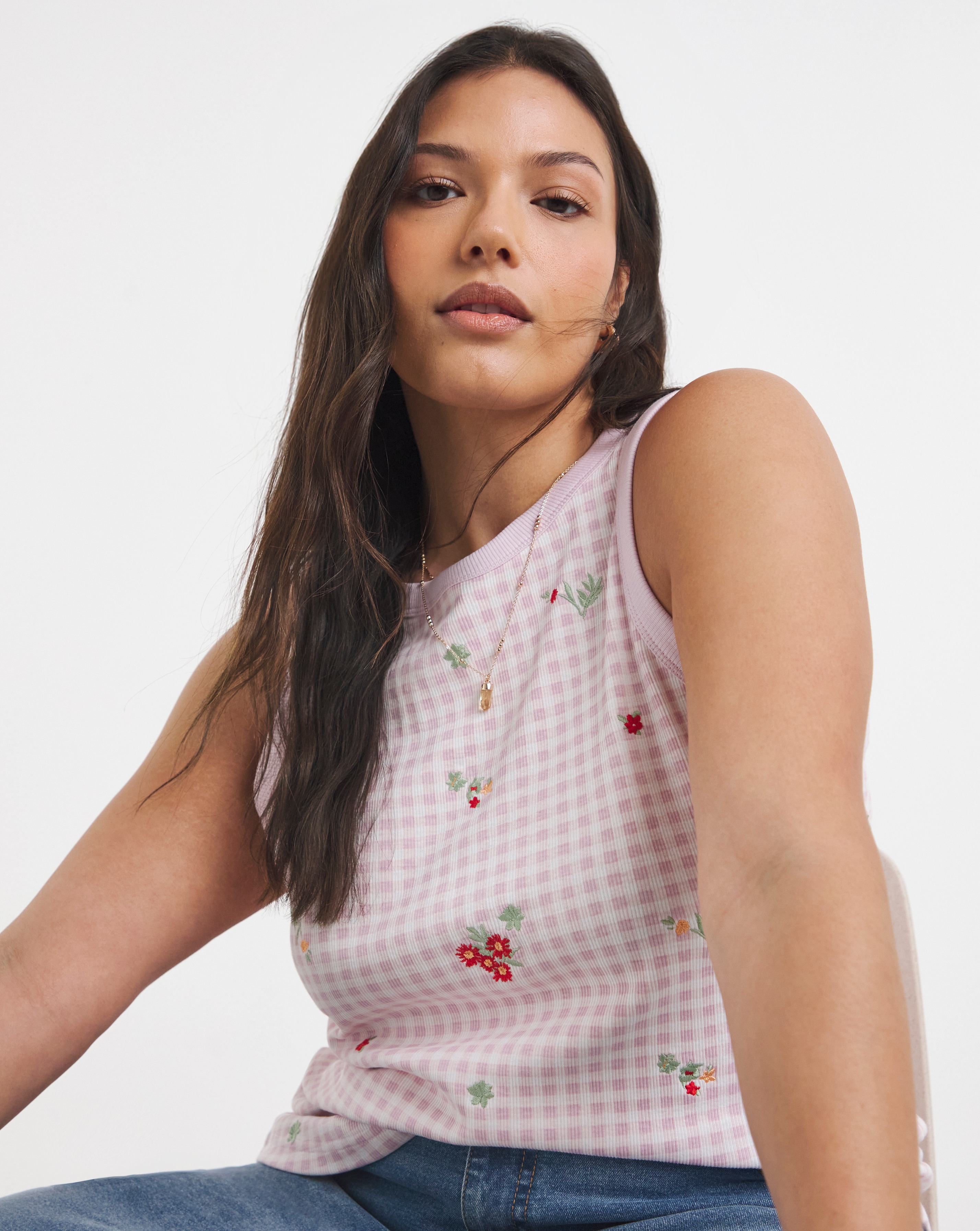 New In - High Neck Embroidered Printed Tank