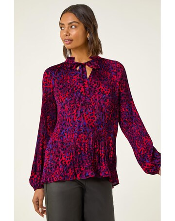 Roman Animal Print Tie Neck Pleated Top