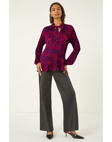 Roman Animal Print Tie Neck Pleated Top