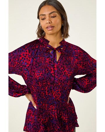Roman Animal Print Tie Neck Pleated Top