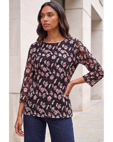 Roman Floral Print Stretch Lace Top