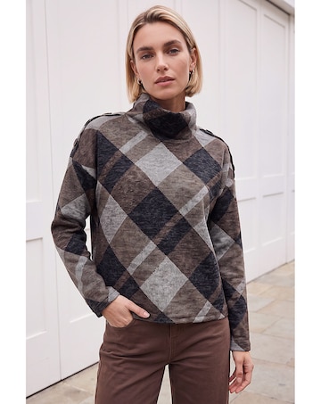Roman Check Print Cowl Neck Top