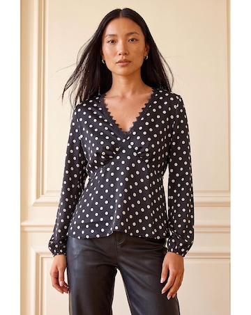 Roman Polka Dot Lace Trim Satin Top