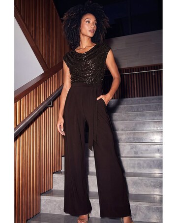 Roman Sequin Bodice Cowl Neck Jumpsuit