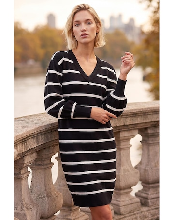 Roman Stripe V-Neck Knit Jumper Dress