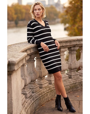 Roman Stripe V-Neck Knit Jumper Dress