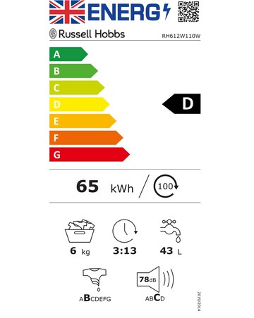 Russell Hobbs RH612W111W 6kg 1200rpm Washing Machine White + Install