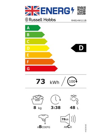 Russell Hobbs RH814W111B 8kg 1400rpm Washing Machine Black + Install