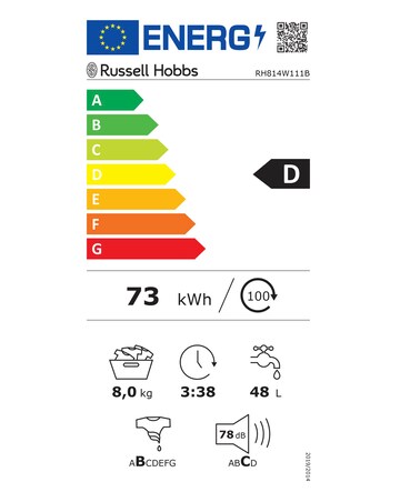 Russell Hobbs RH814W111B 8kg 1400rpm Washing Machine Black + Install