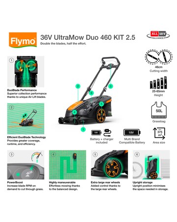 Flymo 36V UltraMow Duo 460 Cordless Lawnmower 2.5Ah Battery & Charger