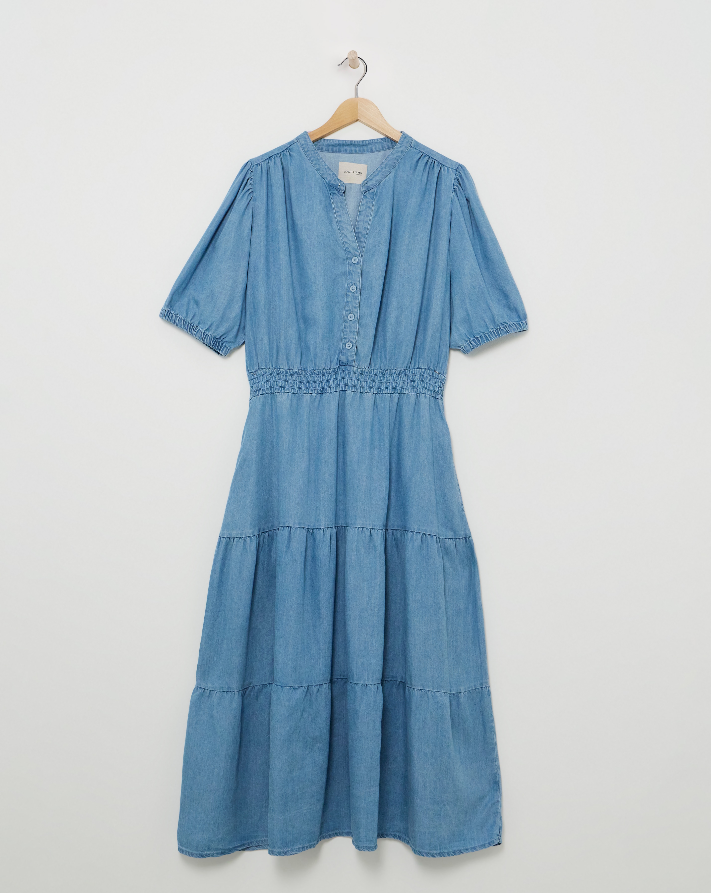 Blue Shirred Bodice Tiered Midi Dress