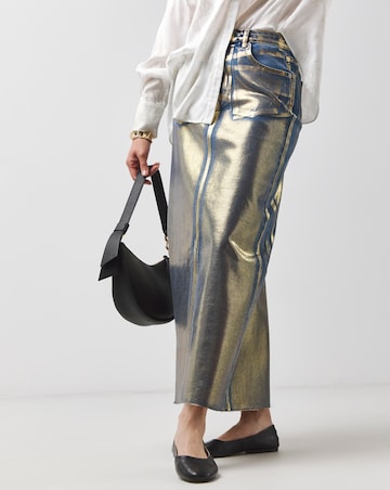 Gold Metallic Coated Column Denim Skirt