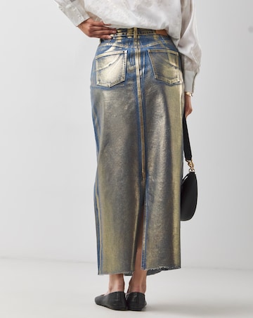 Gold Metallic Coated Column Denim Skirt