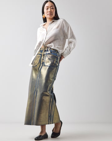 Gold Metallic Coated Column Denim Skirt