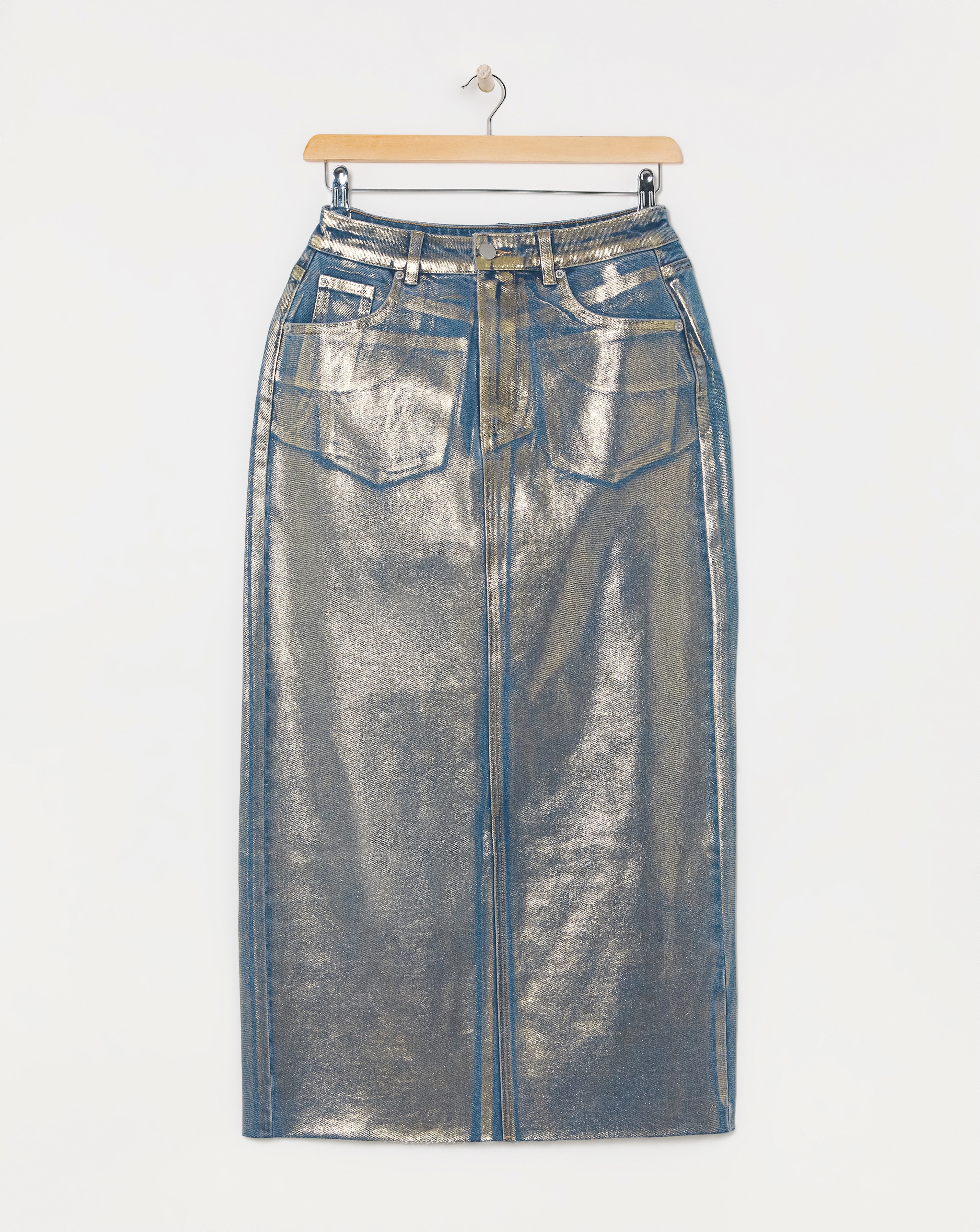 Gold Metallic Coated Denim Skirt