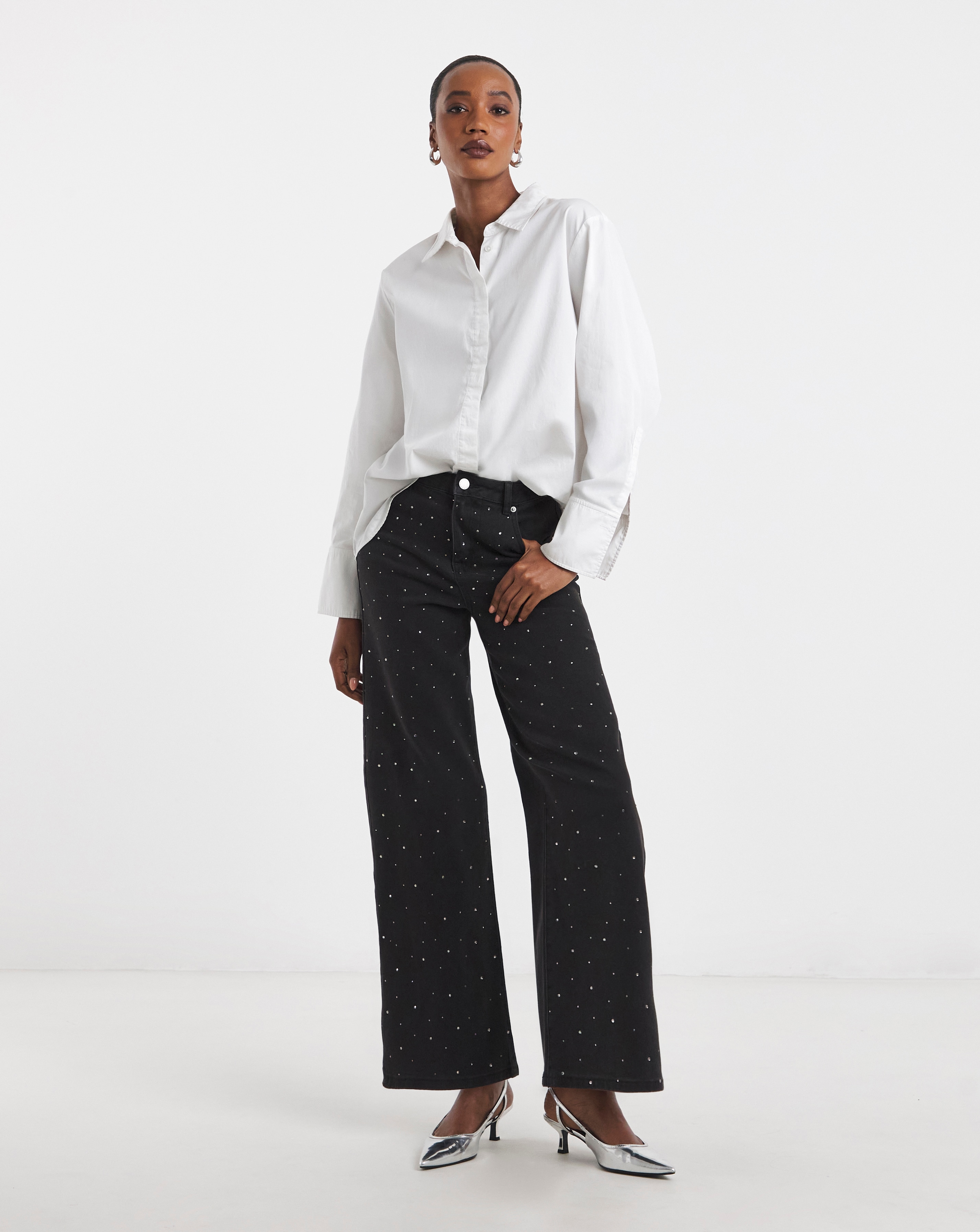 Black Embellished Wide Leg Jeans