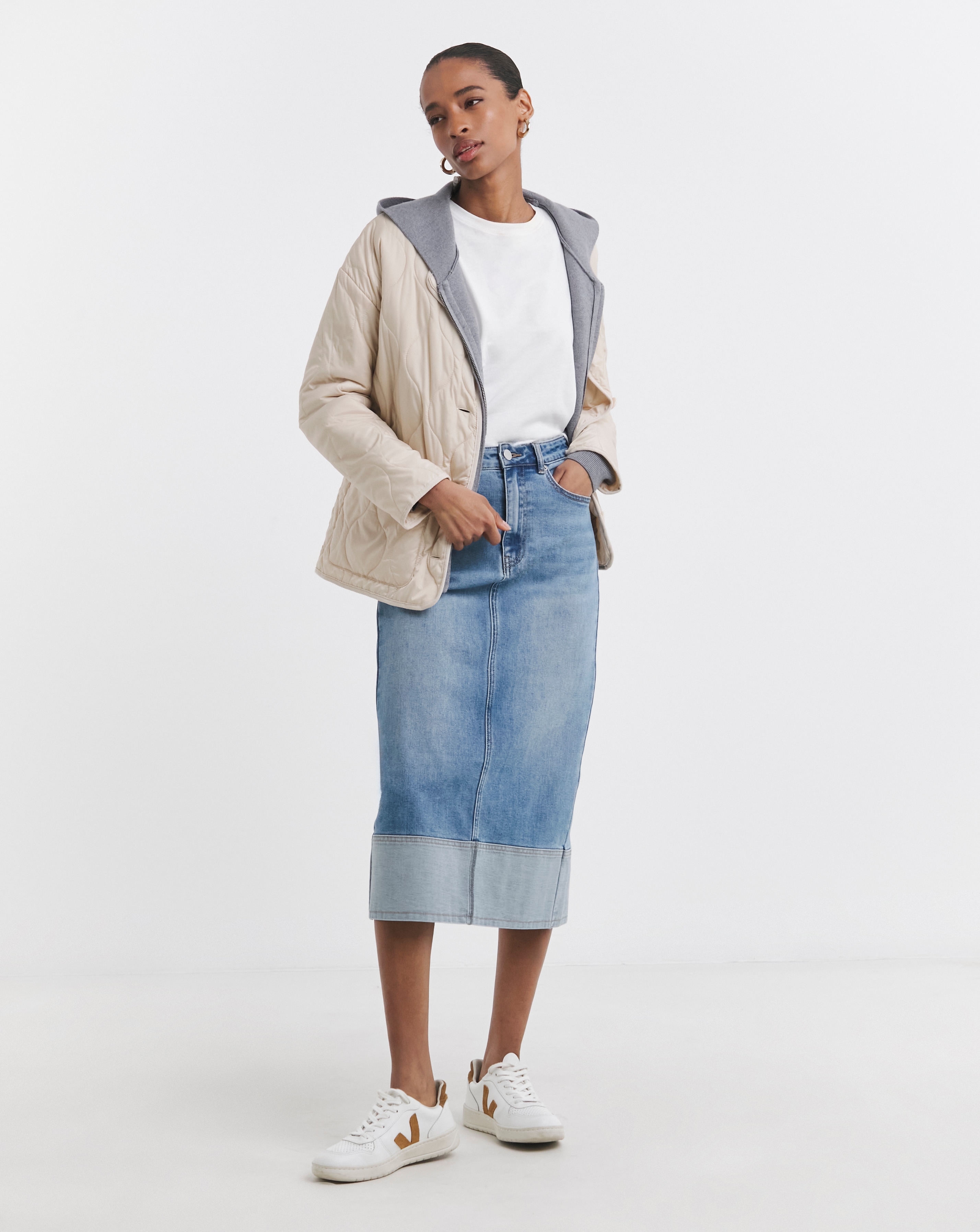 Light Blue Turn Up Midi Denim Skirt