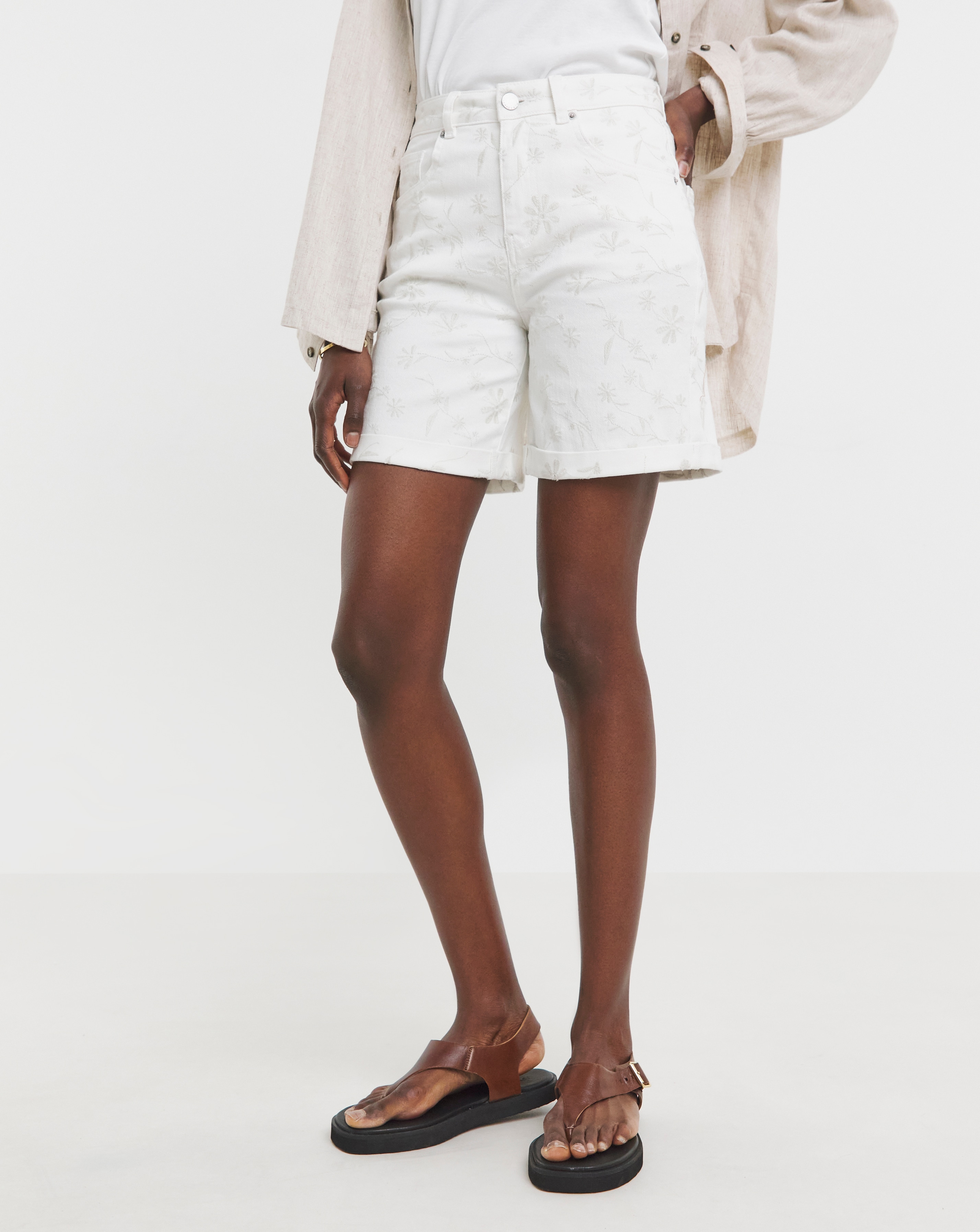 White Floral Embroidered Shorts