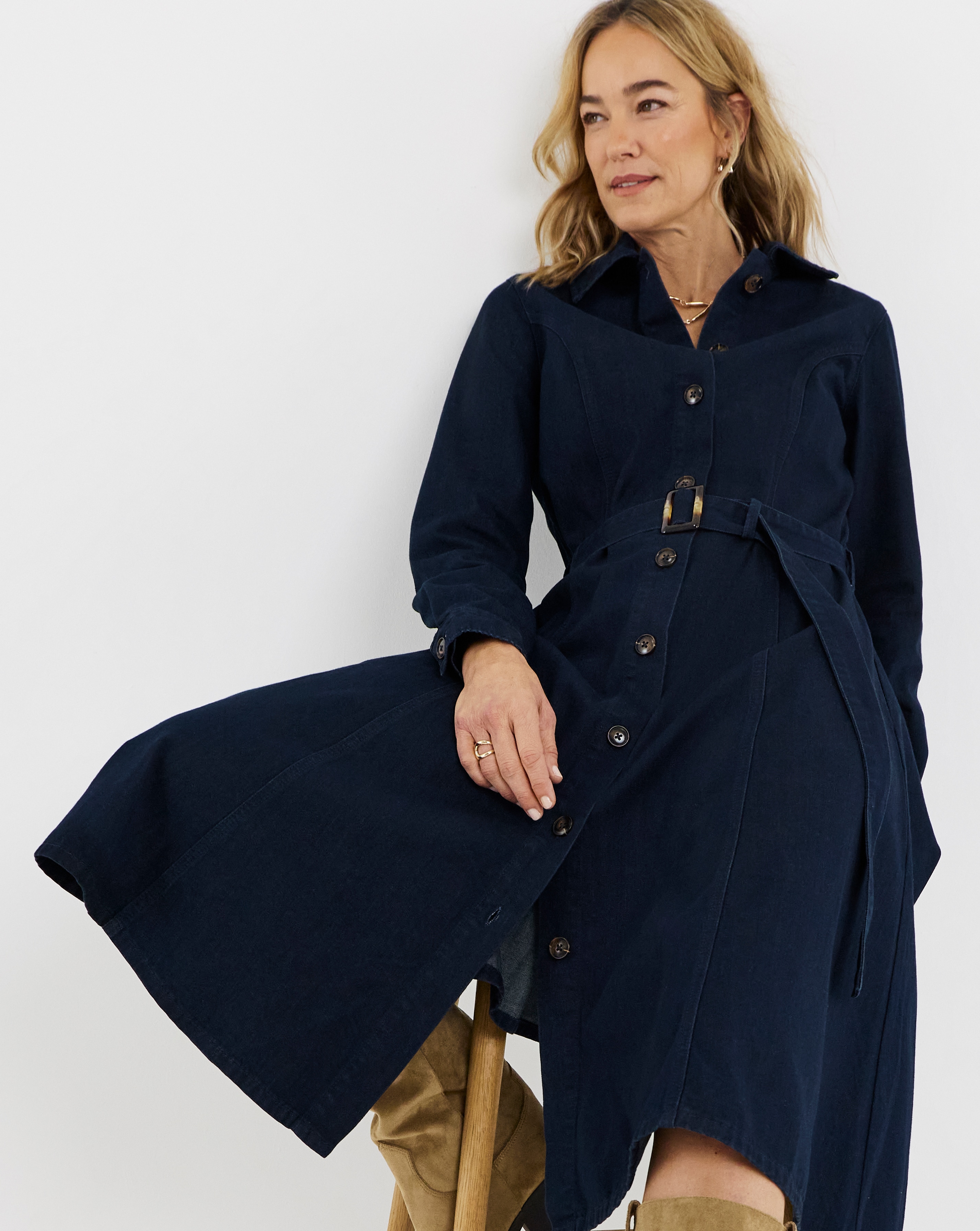 New In - Long Sleeve Denim Belted Midi Dress