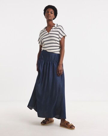 Dark Blue Pull On Tiered Lyocell Denim Maxi Skirt