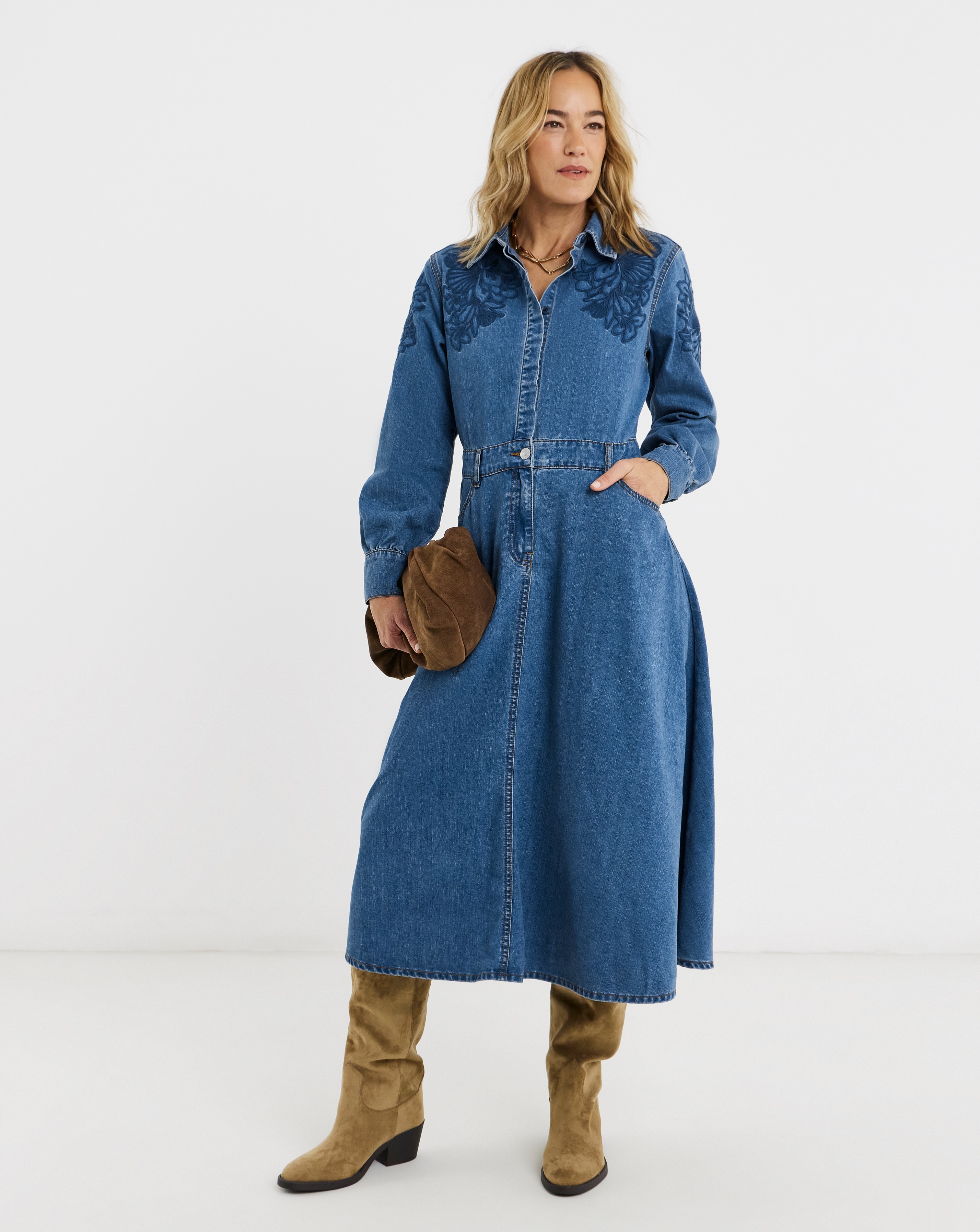 Embroidered Denim Midi Dress