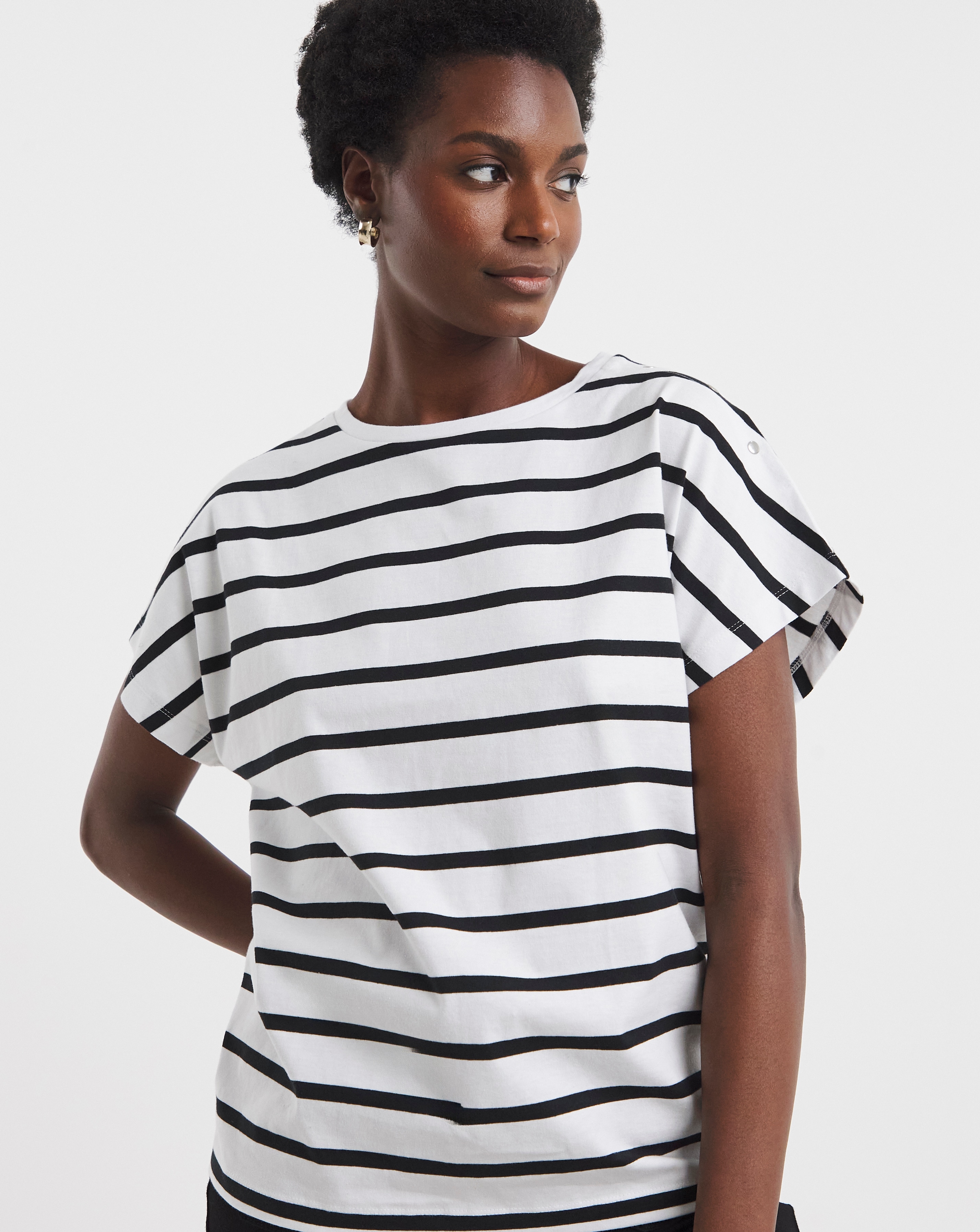 Striped Button Shoulder T-Shirt