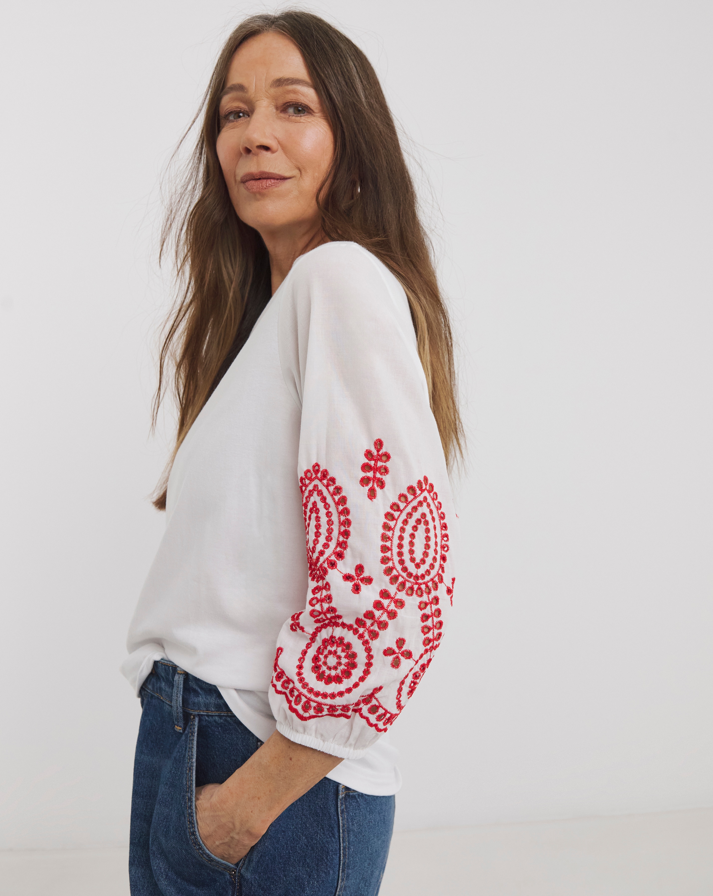 Broderie 3/4 Length Sleeve Crew Neck Top