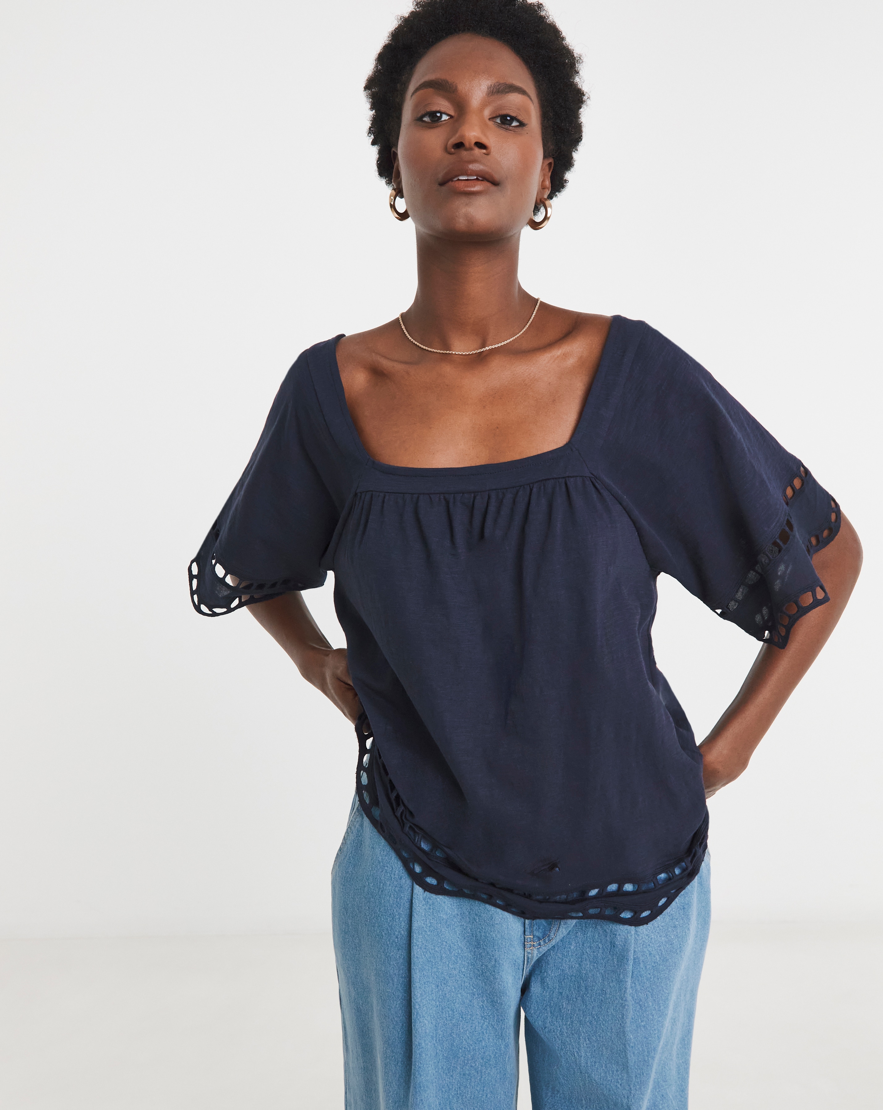 Square Neck Broderie Sleeve and Hem Top