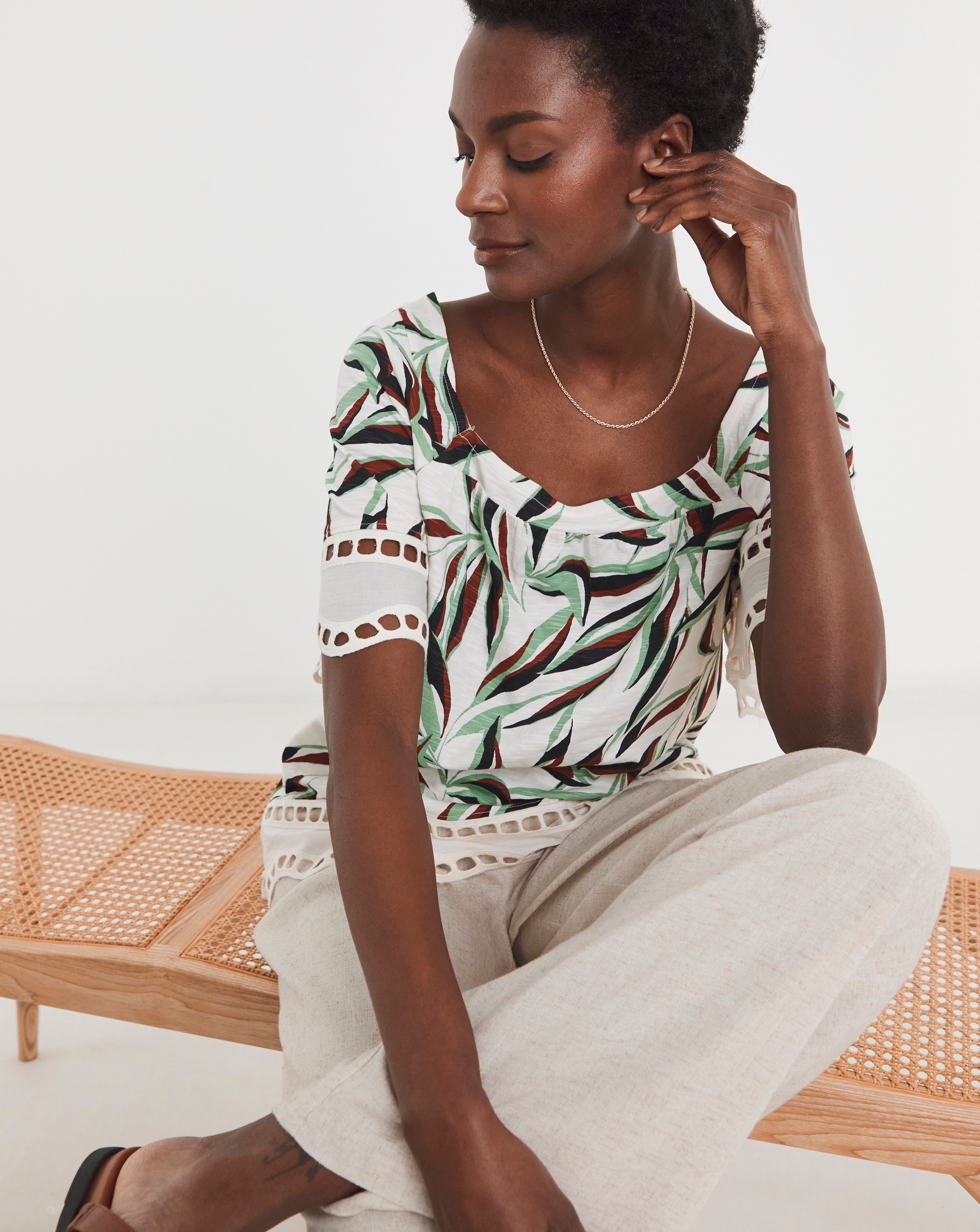 Square Neck Broderie Sleeve and Hem Top