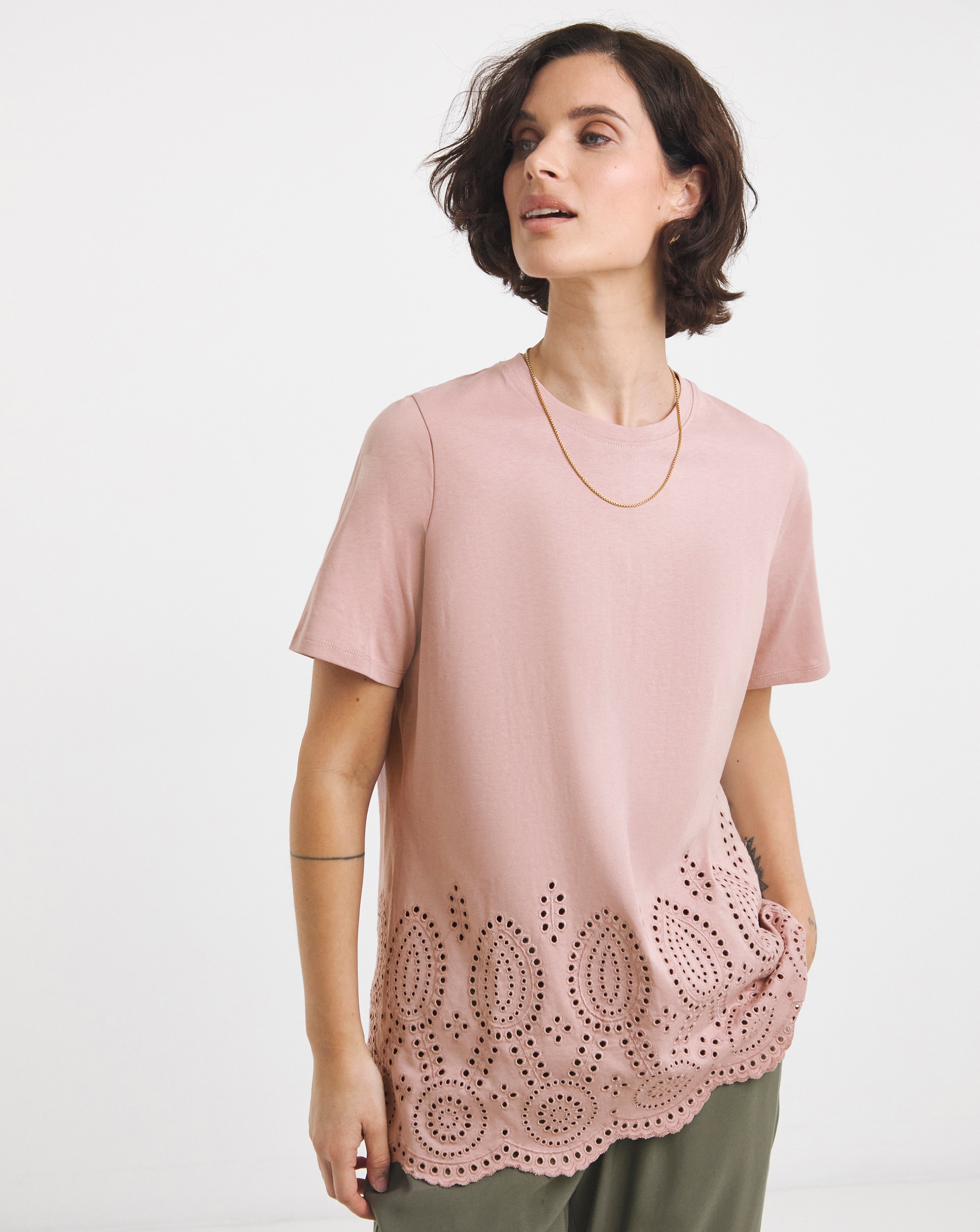 The Short Sleeve Broderie Hem Top