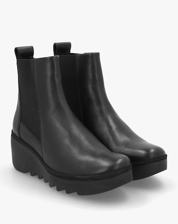 Fly London Bagu Black Leather Wedge Chelsea Boots