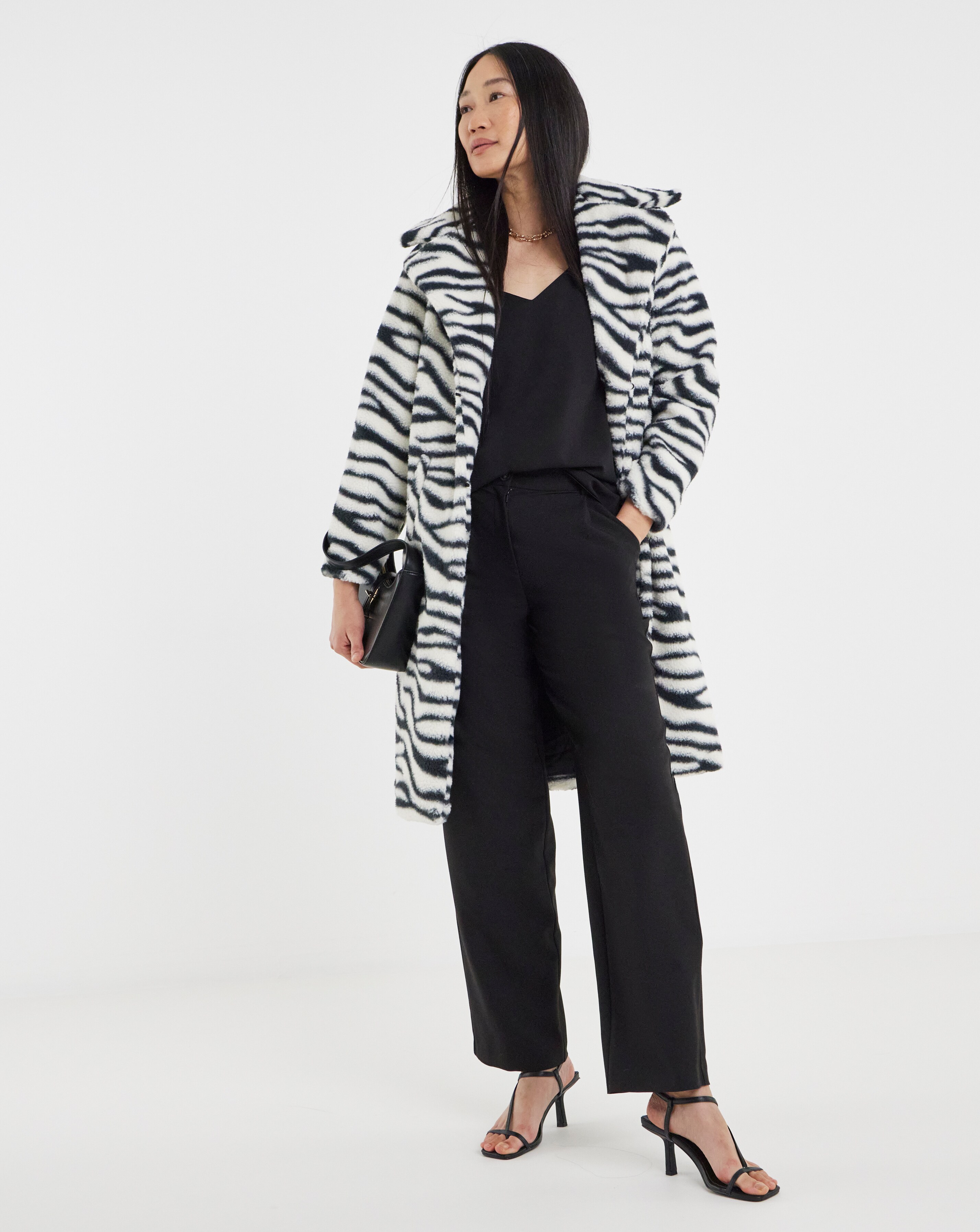 Longline Zebra Print Faux Fur Coat