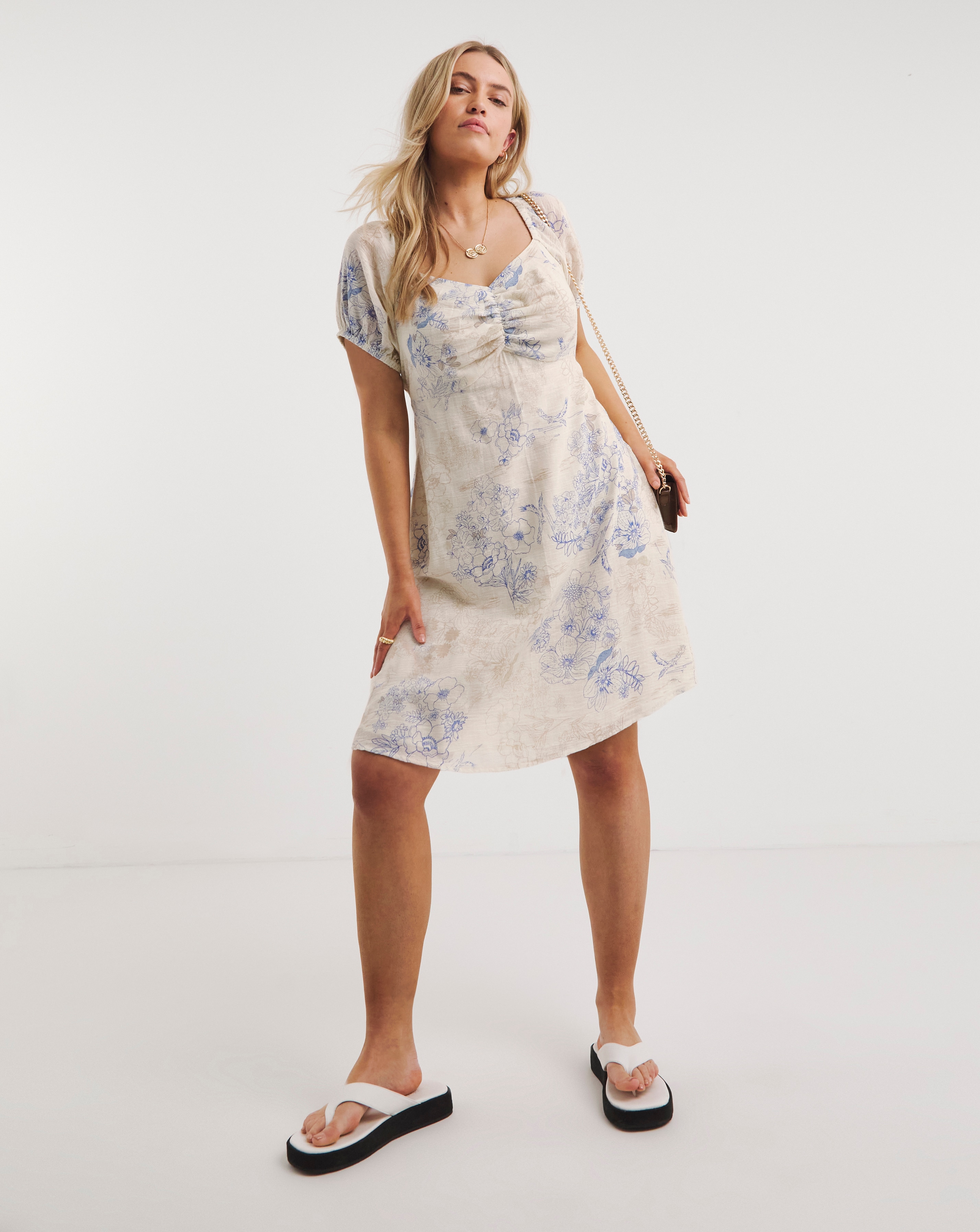 Floral Print Linen Look Tea Dress