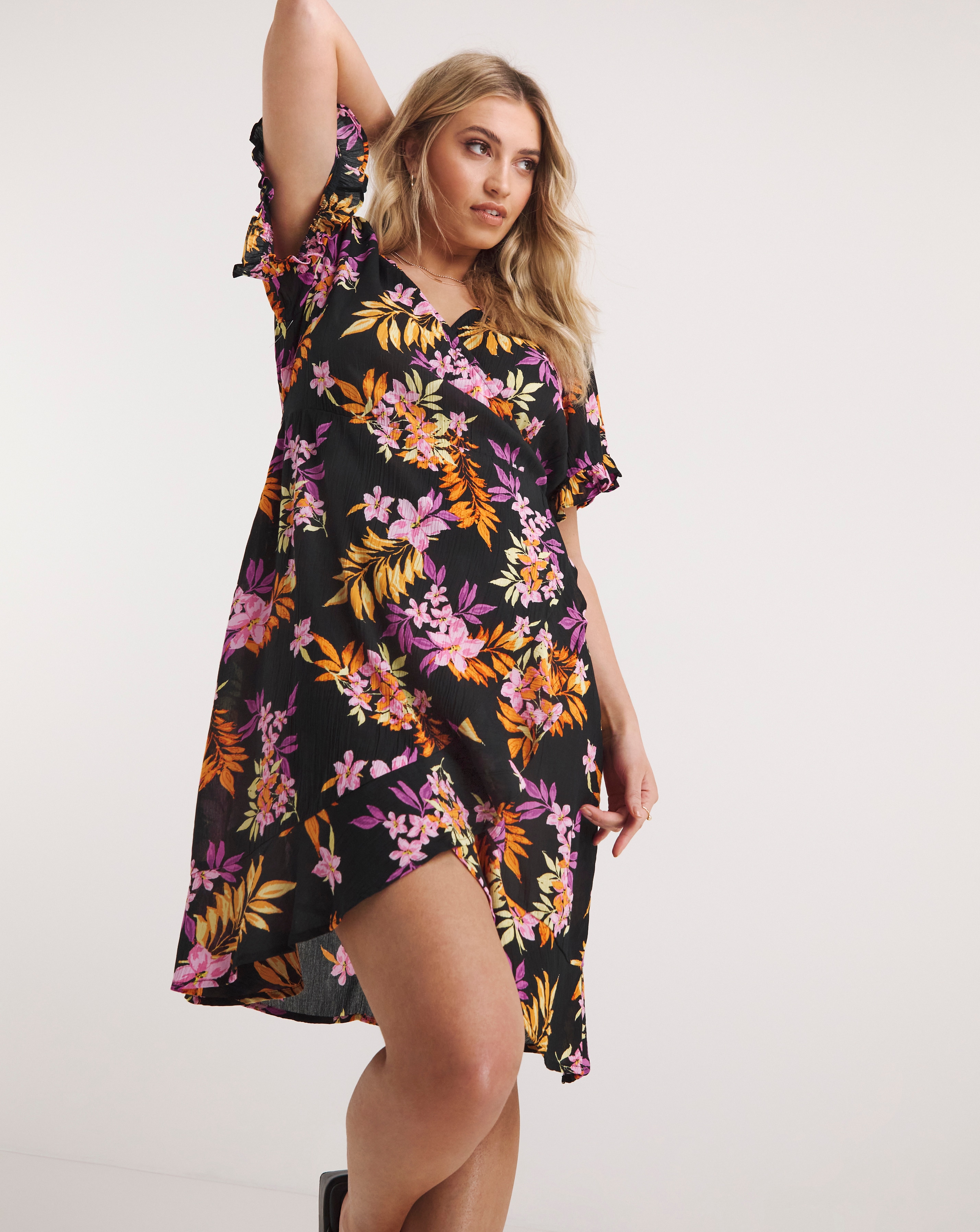 Tropical Print Crinkle Wrap Skater Dress