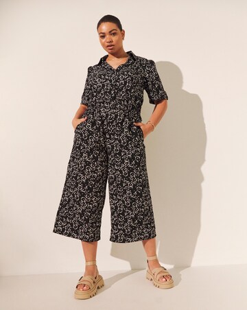 Black Ditsy Floral Culotte Utility Jumpsuit