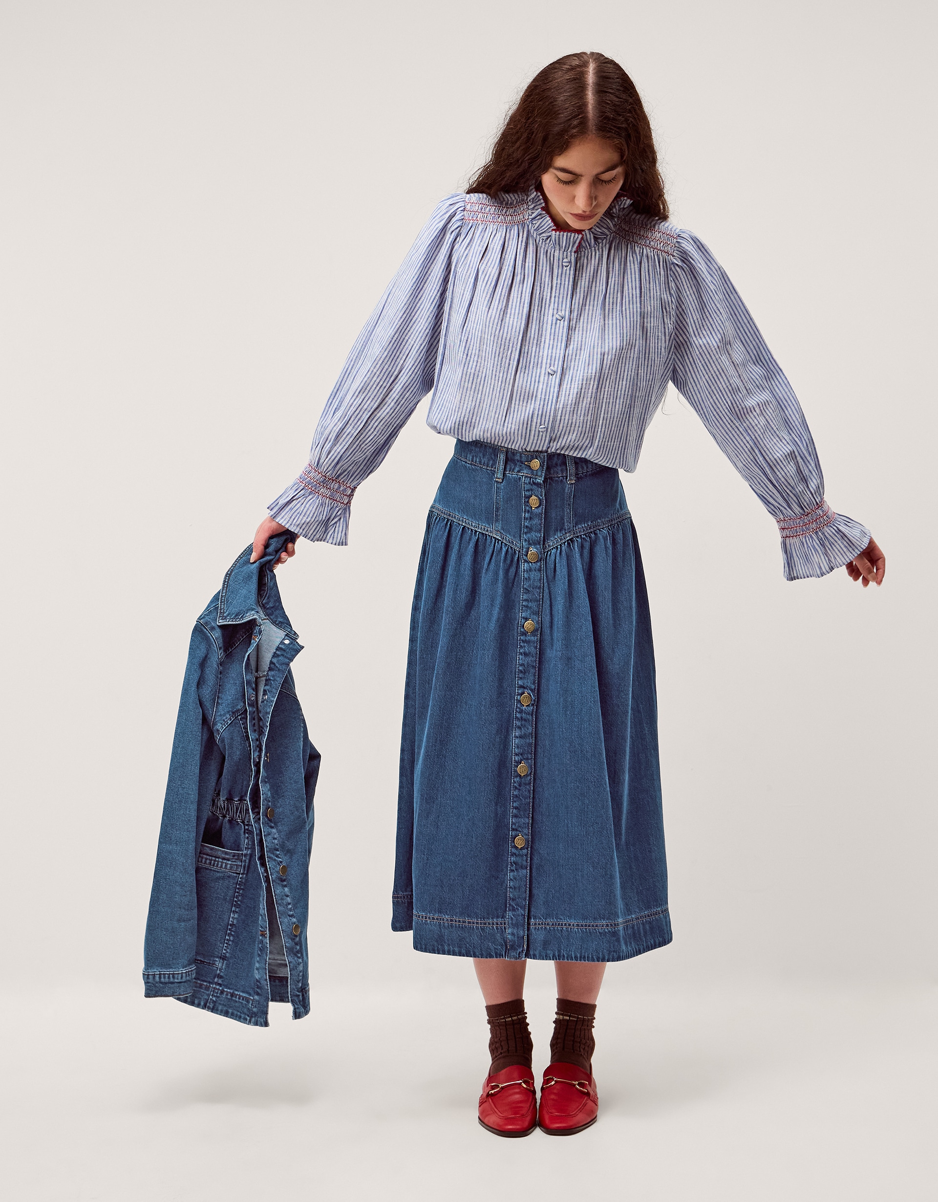 Monsoon Tamsin Button Denim Midi Skirt