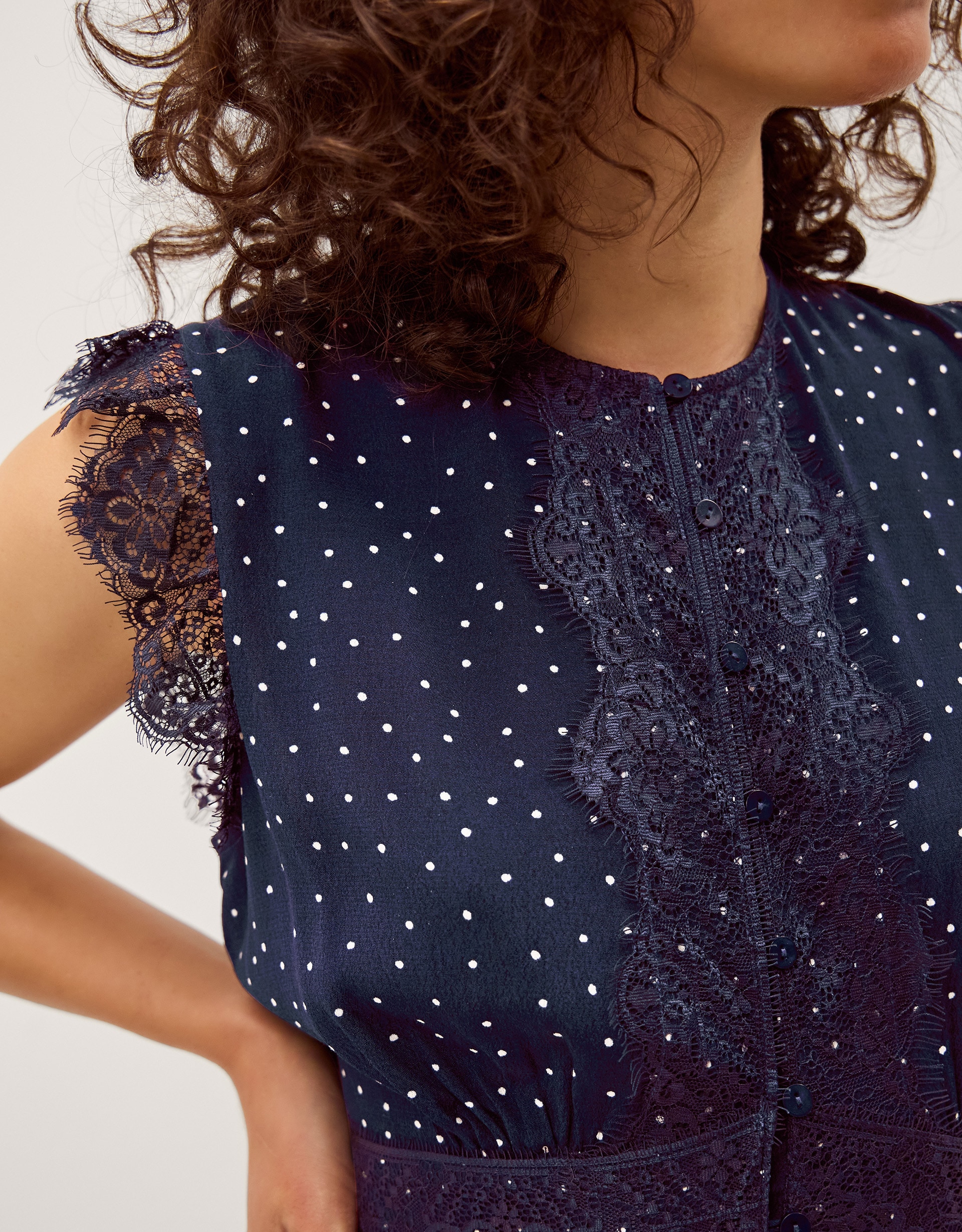 Monsoon Cleo Lace Polka Dot Midi Dress | Ambrose Wilson