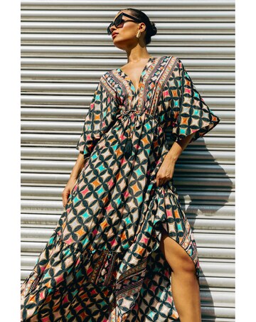 Roman Geo Print V-Neck Frill Maxi Dress