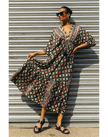 Roman Geo Print V-Neck Frill Maxi Dress