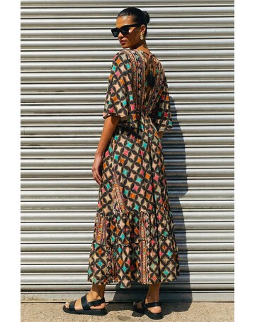 Roman Geo Print V-Neck Frill Maxi Dress