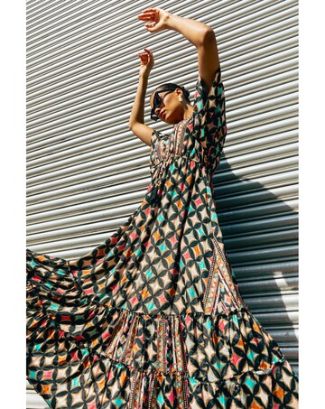 Roman Geo Print V-Neck Frill Maxi Dress