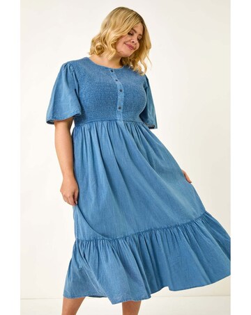 Roman Curve Denim Shirred Midi Dress