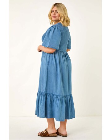 Roman Curve Denim Shirred Midi Dress