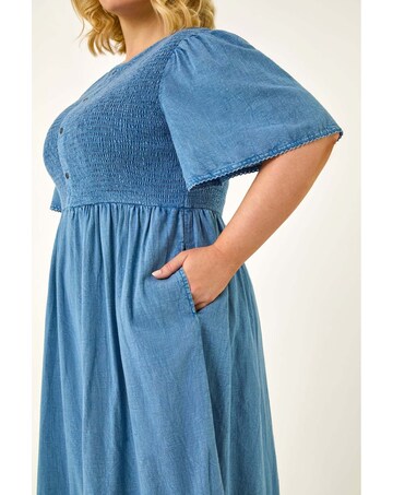 Roman Curve Denim Shirred Midi Dress