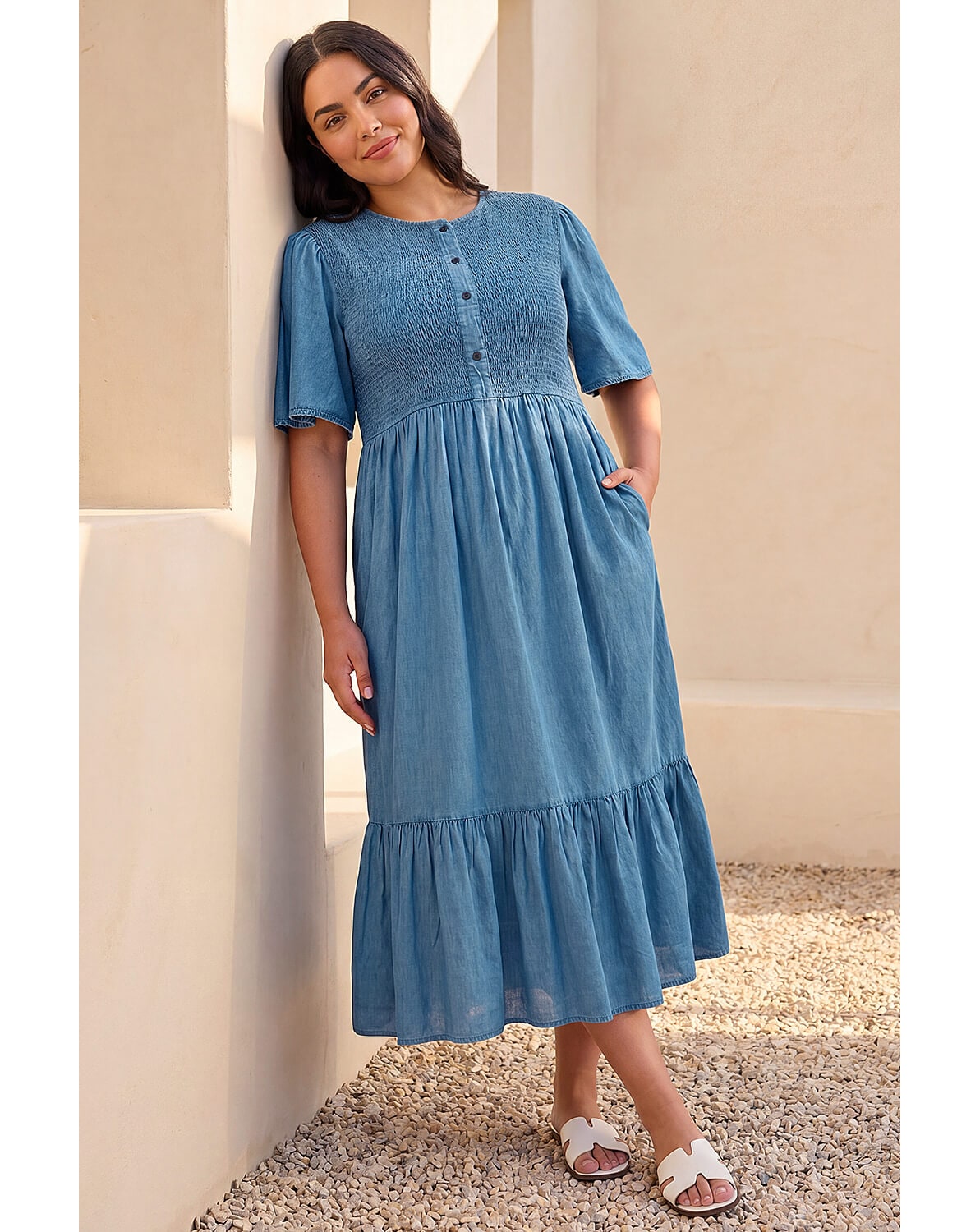Roman Curve Denim Shirred Midi Dress