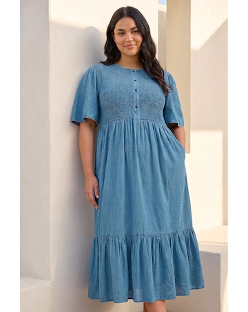 Roman Curve Denim Shirred Midi Dress