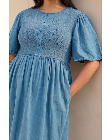 Roman Curve Denim Shirred Midi Dress